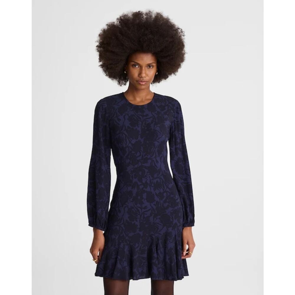 NWT Madewell Puff-Sleeve Flare Mini Dress In Alexis Floral Navy Size 14